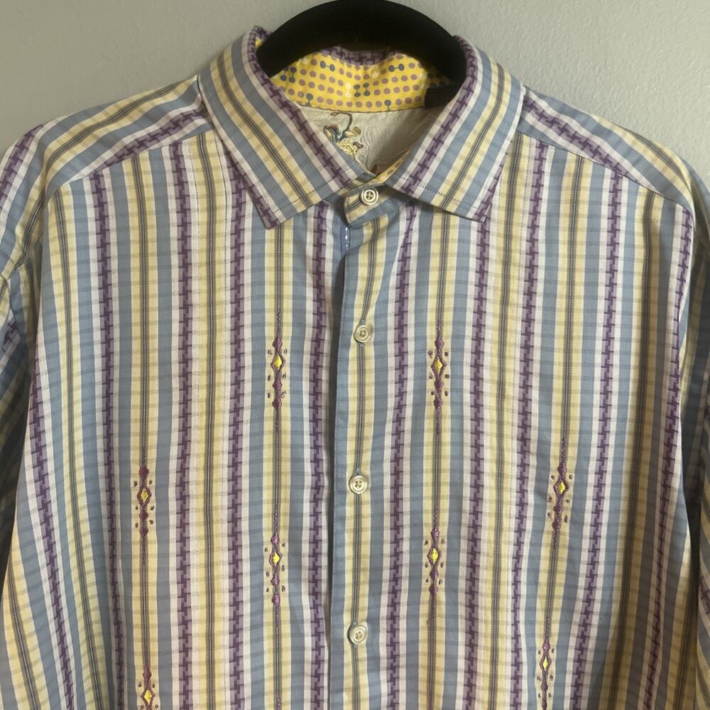 ROBERT GRAHAM Men L Shirt Striped Flip Cuff maximalist Purple Retro Luxe Funky
